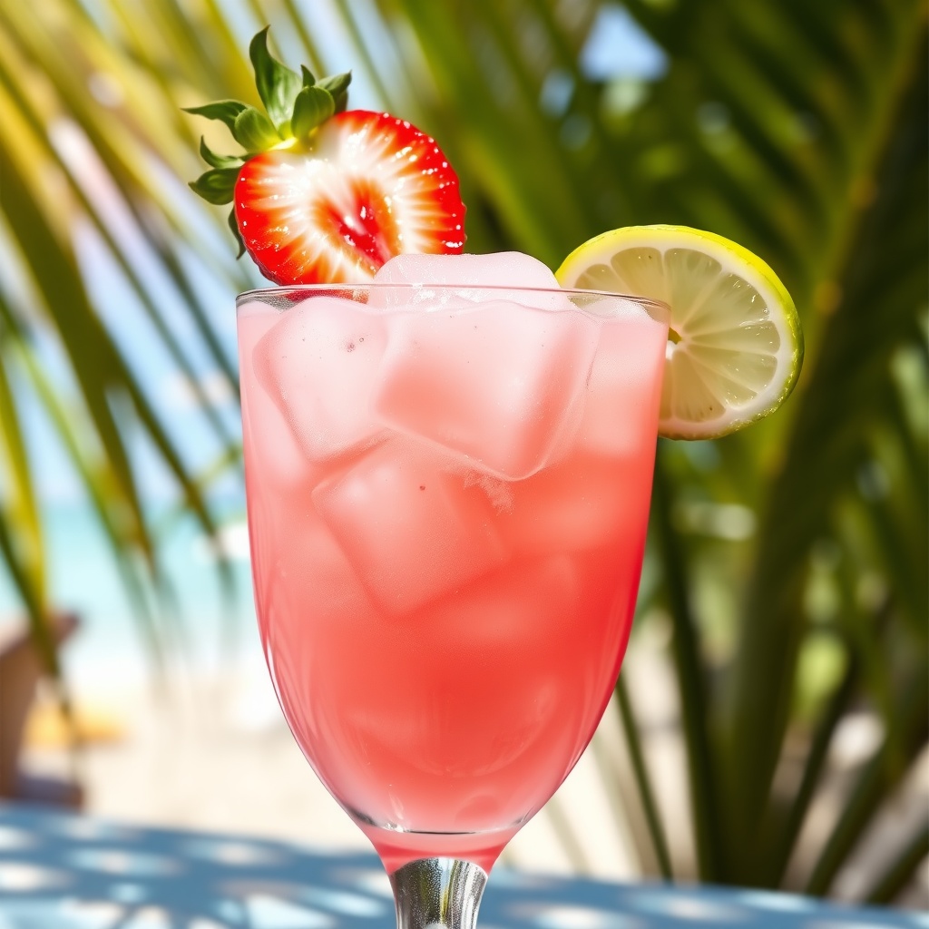 Chilled Strawberry Coconut Daiquiri in a glass, garnished with strawberry and lime, set against a tropical background.